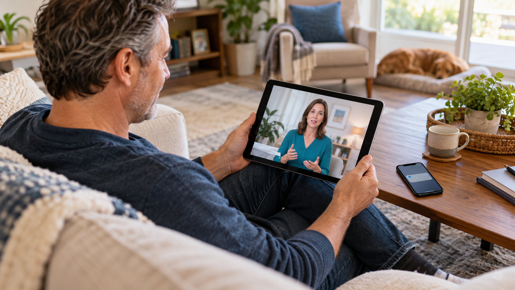 A patient watches a human-hosted education video on a tablet while a phone shows a generic follow-up notification