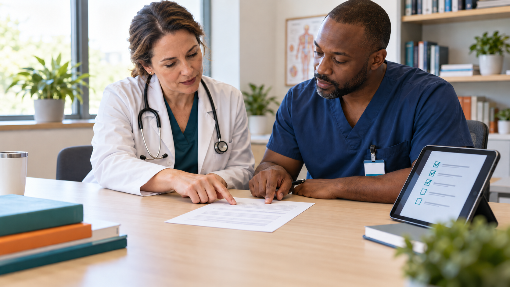 A physician and nurse educator perform an exact-version review of a single patient education script page